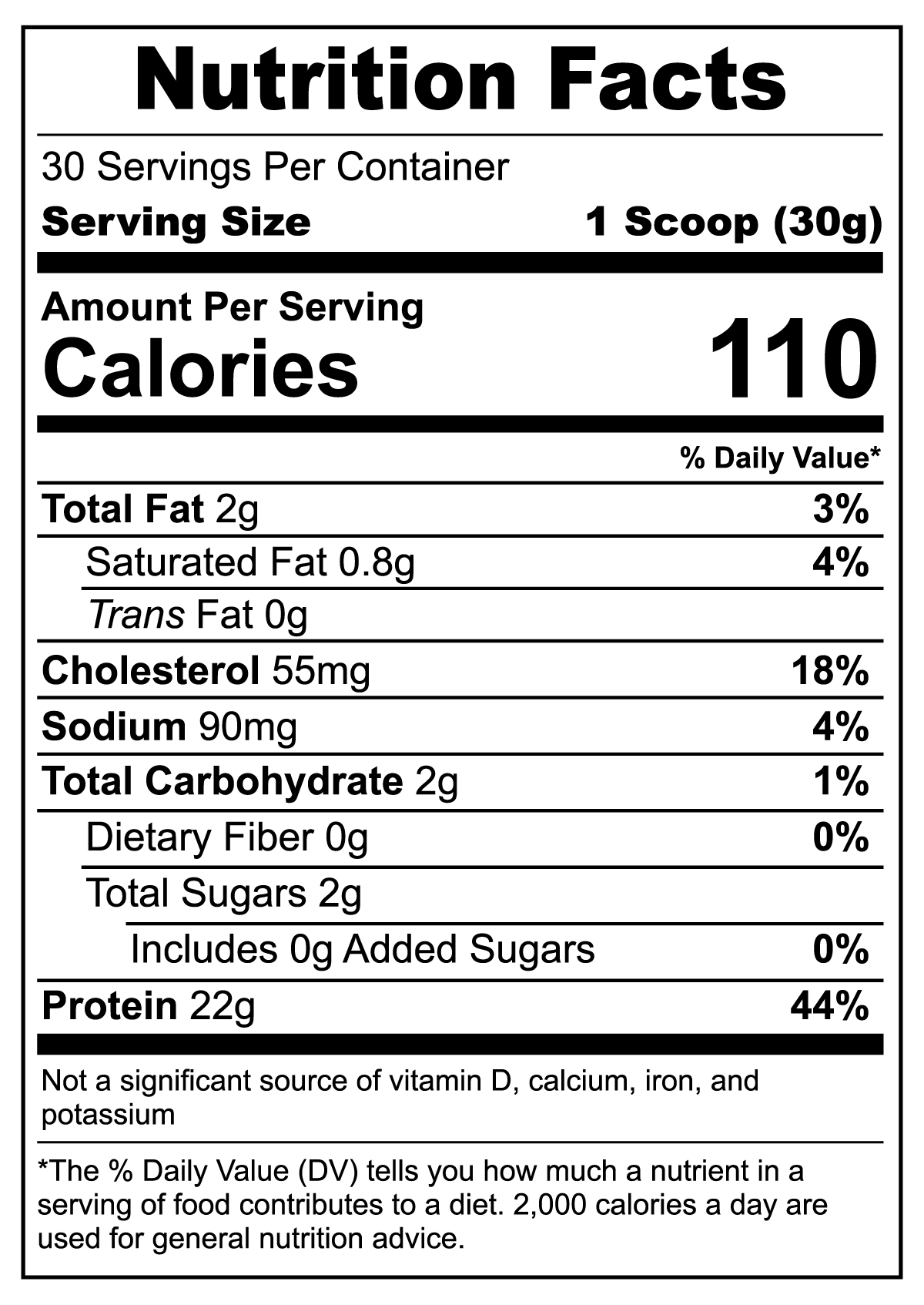 Nutrition facts label showing calories, total fat, cholesterol, sodium, carbohydrates, and protein per serving for a 30-serving product.