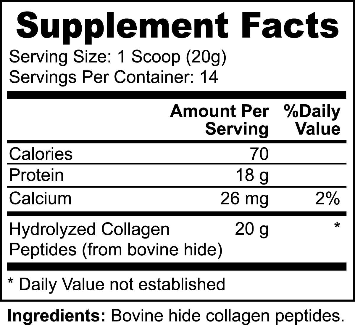 MIANIMED premium skincare supplement facts label showing calories, protein, calcium, and ingredients including hydrolyzed collagen peptides.