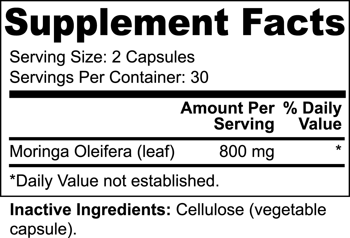 Supplement Facts label showing Moringa Oleifera leaf 800 mg per serving of 2 capsules with inactive ingredient cellulose.