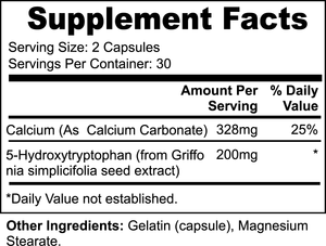 Supplement facts label showing serving size, calcium, 5-Hydroxytryptophan, and other ingredients gelatin and magnesium stearate.