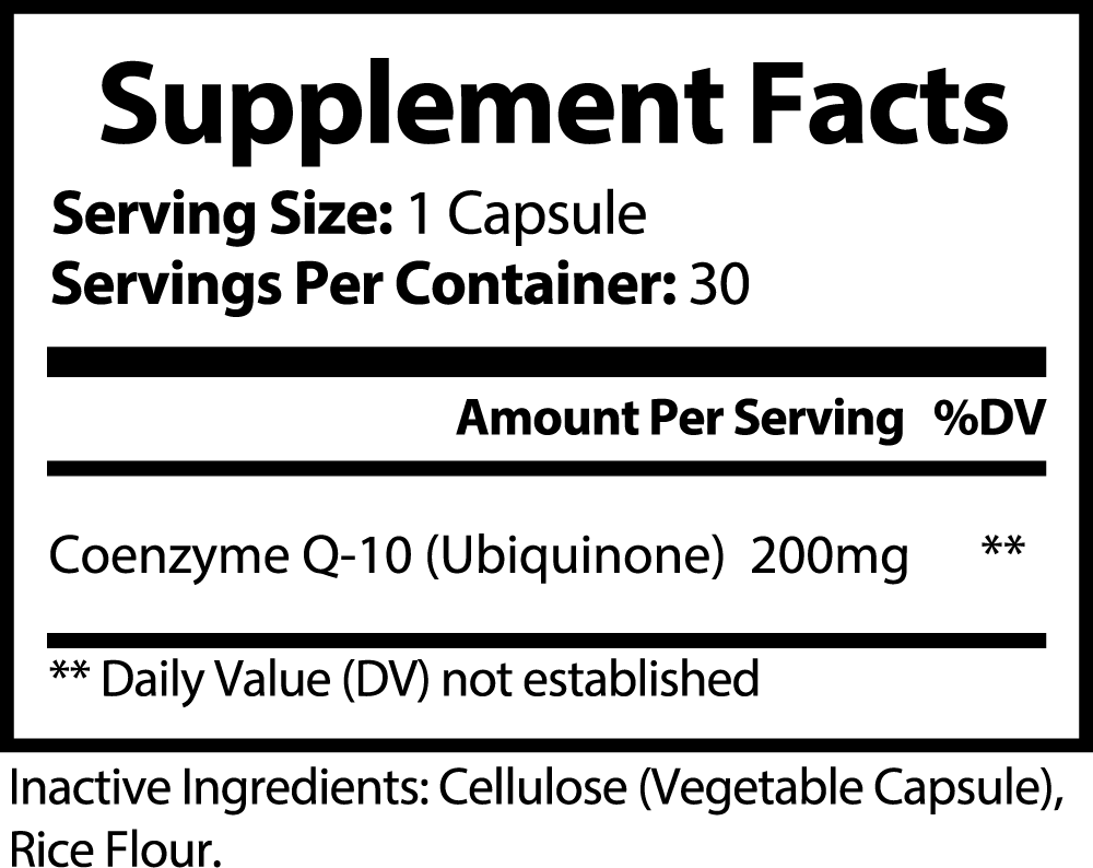 Supplement Facts label showing serving size, servings per container, and ingredients for Coenzyme Q-10 (Ubiquinone) capsules.