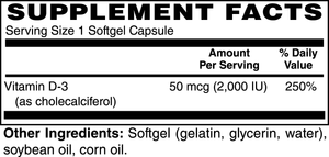 Supplement facts label for MIANIMED Premium Vitamin D3, showing 50 mcg (2000 IU) per softgel with ingredients gelatin, glycerin, soybean oil, and corn oil.