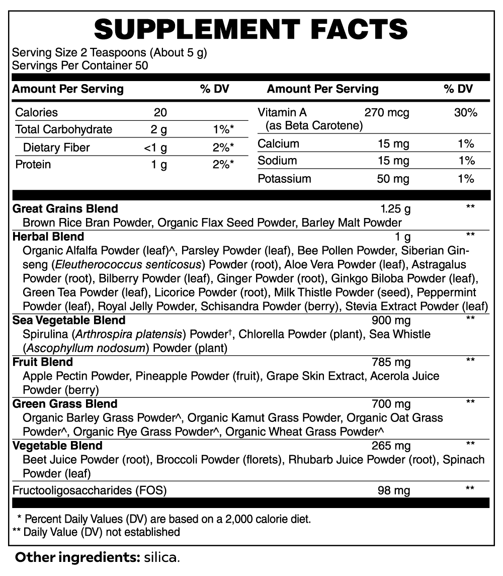 MIANIMED Premium Supplement Facts Label with detailed ingredient list including organic and herbal blends.