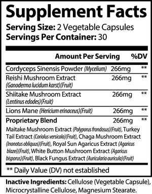 Supplement facts label showing ingredients like Cordyceps, Reishi, Shiitake, Lions Mane, and a proprietary blend of various mushroom extracts.