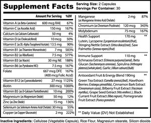 Supplement facts label showing vitamins, minerals, and ingredients of a premium skincare product by MIANIMED.