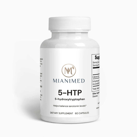 MIANIMED 5-HTP dietary supplement bottle for premium skincare, 60 capsules, supports serotonin levels