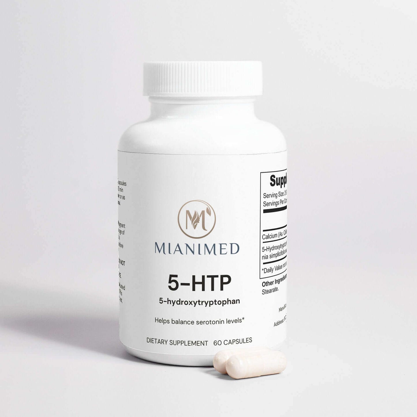 MIANIMED Premium 5-HTP dietary supplement bottle for skincare and serotonin balance