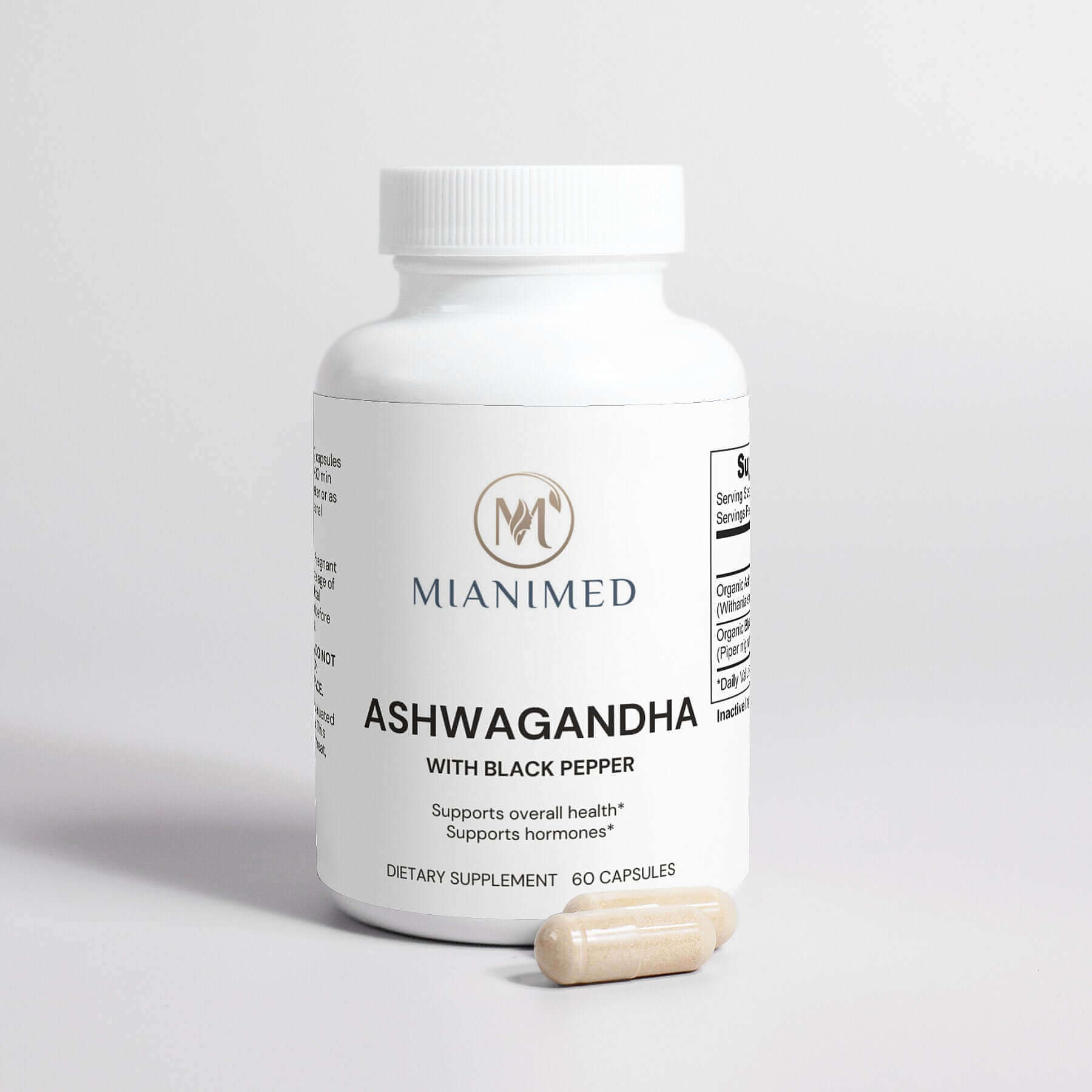 MIANIMED Premium Skincare Ashwagandha Capsules with Black Pepper Dietary Supplement Bottle, 60 Capsules for Health and Hormone Support