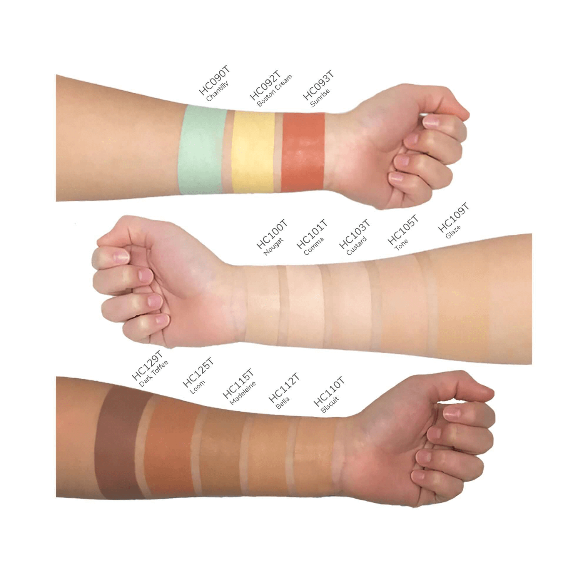 Swatches of various foundation shades on different skin tones from MIANIMED, highlighting their premium skincare products.