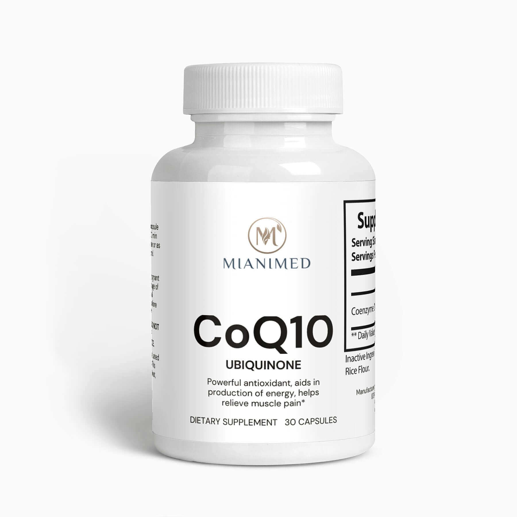 MIANIMED Premium CoQ10 Ubiquinone dietary supplement bottle for skincare and muscle pain relief.