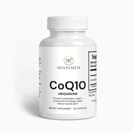 MIANIMED Premium CoQ10 Ubiquinone dietary supplement bottle for skincare and muscle pain relief.