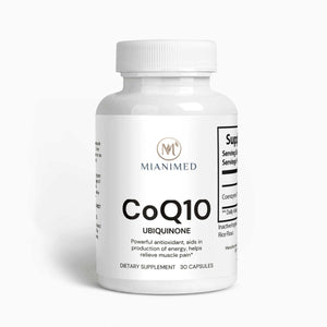 MIANIMED Premium CoQ10 Ubiquinone dietary supplement bottle for skincare and muscle pain relief.