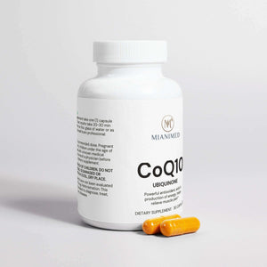 MIANIMED Premium CoQ10 dietary supplement bottle with capsules for skincare.