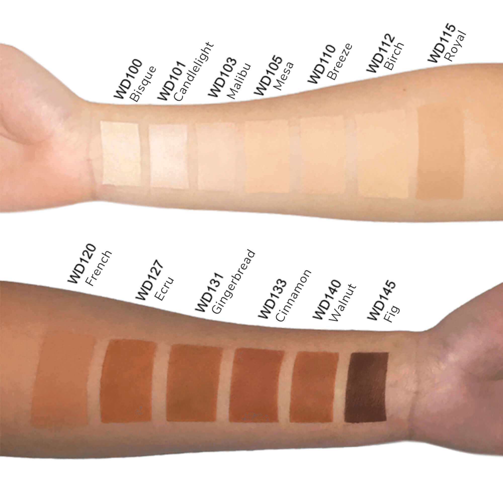 Diverse skin tone shades on forearms for MIANIMED Premium skincare products with labels from WD100 to WD145.