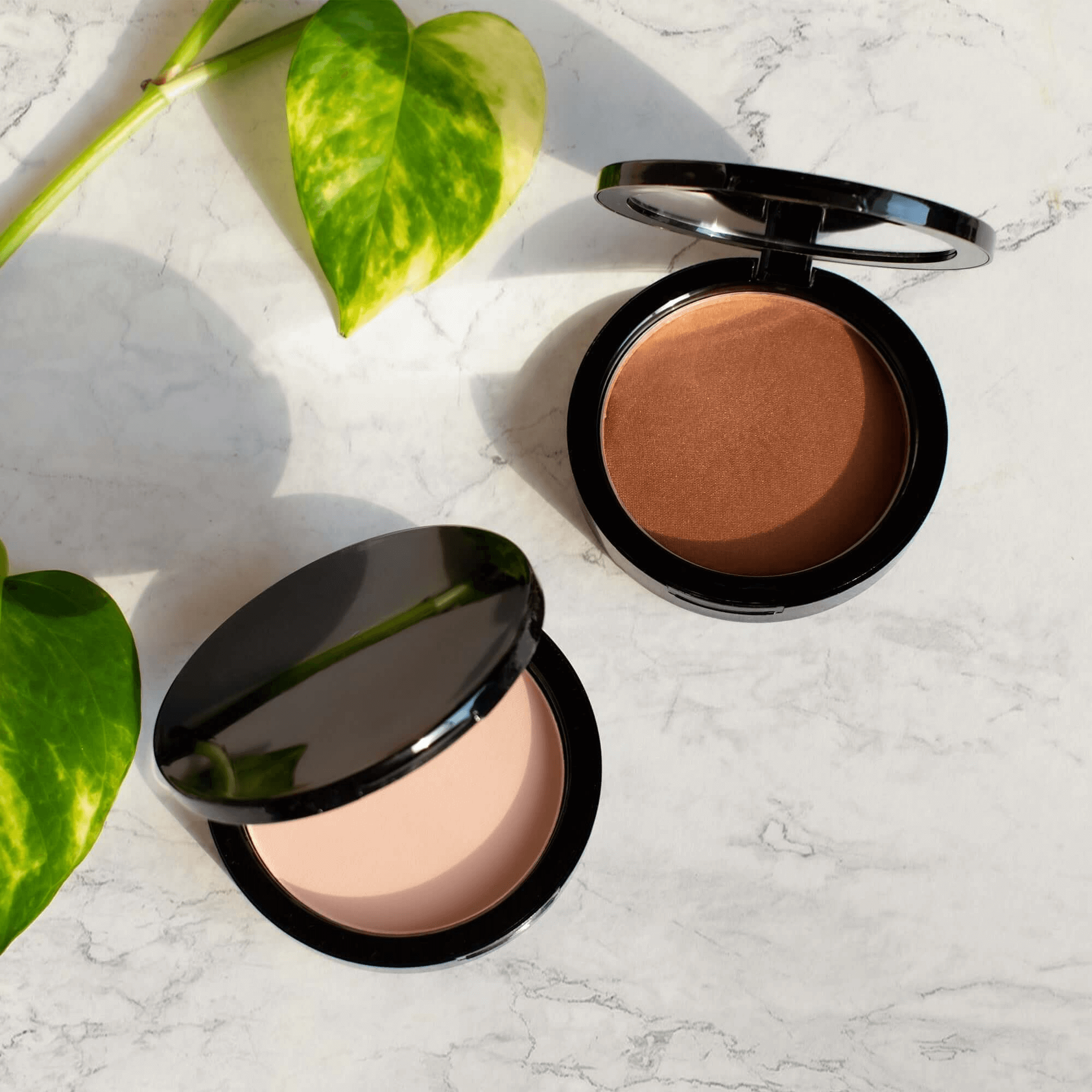 MIANIMED Premium skincare makeup powders in black round compacts on marble surface with green leaves.