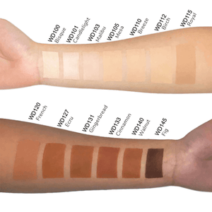 "MIANIMED Premium skincare swatches for diverse skin tones on two arms with shade names labeled"