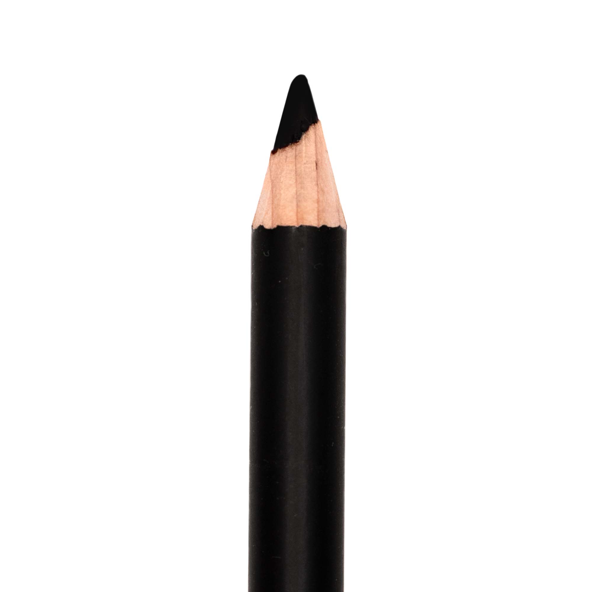 Close-up of black eyeliner pencil with a sharp tip on a white background.