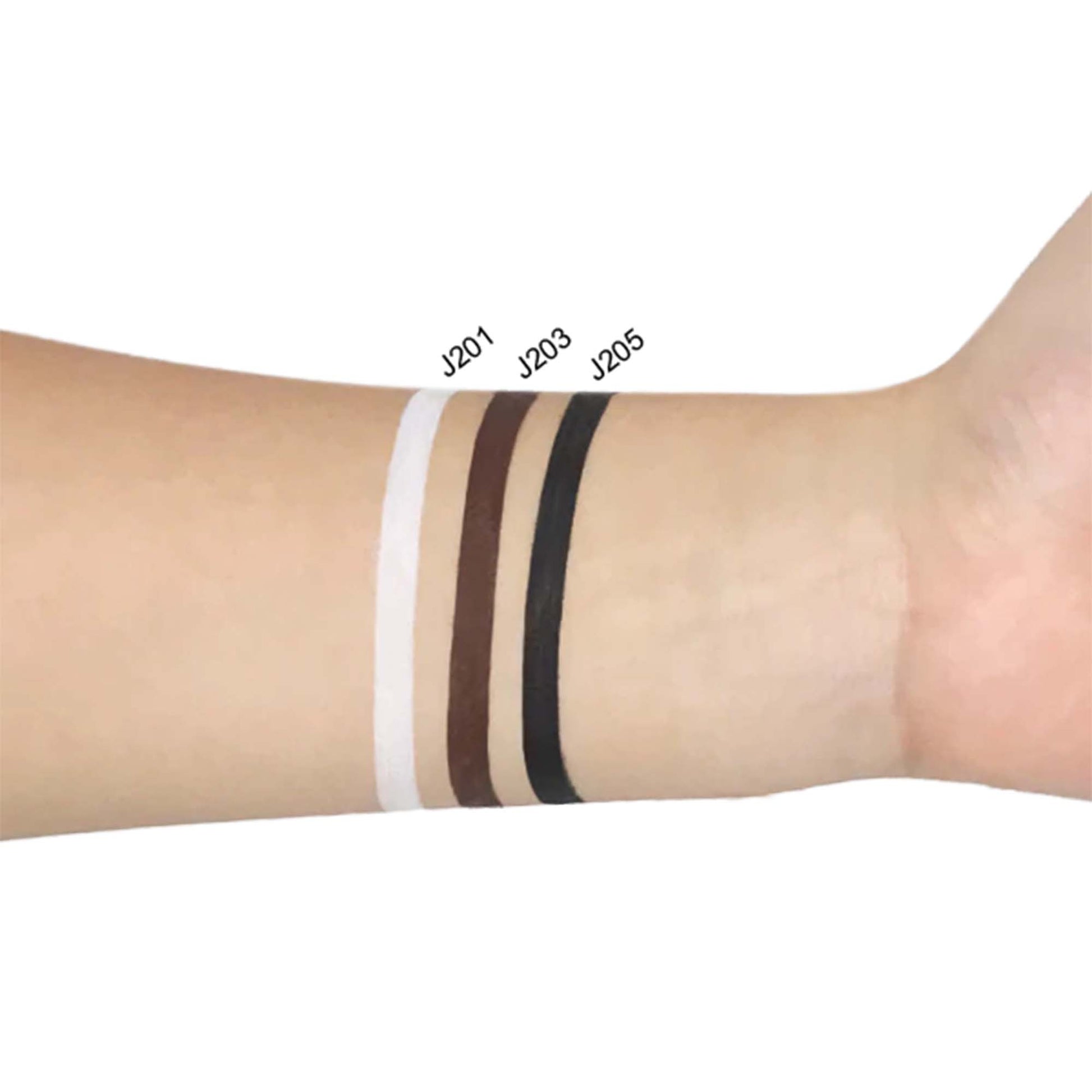 MIANIMED premium skincare swatches on arm showcasing different shades labeled J201, J203, J205