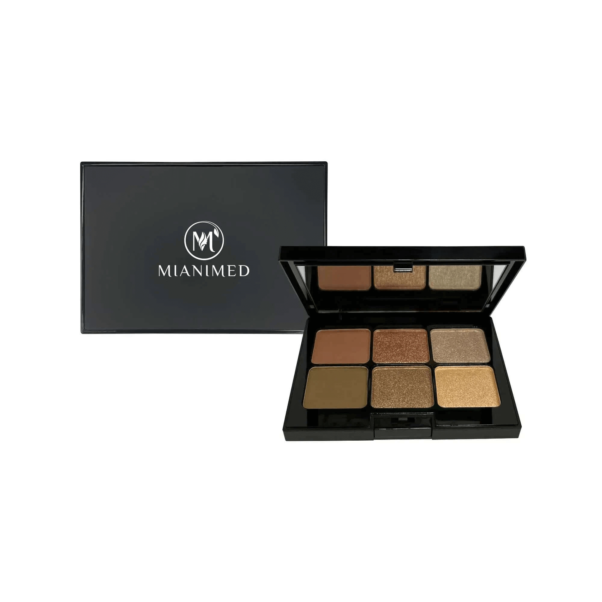 MIANIMED premium skincare makeup palette with a variety of natural and warm eyeshadow shades in elegant black packaging