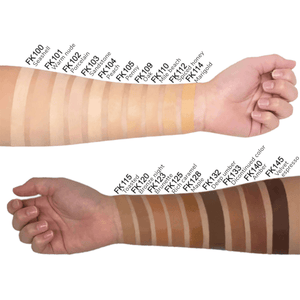 Various shades of foundation on two arms showing MIANIMED premium skincare product range.