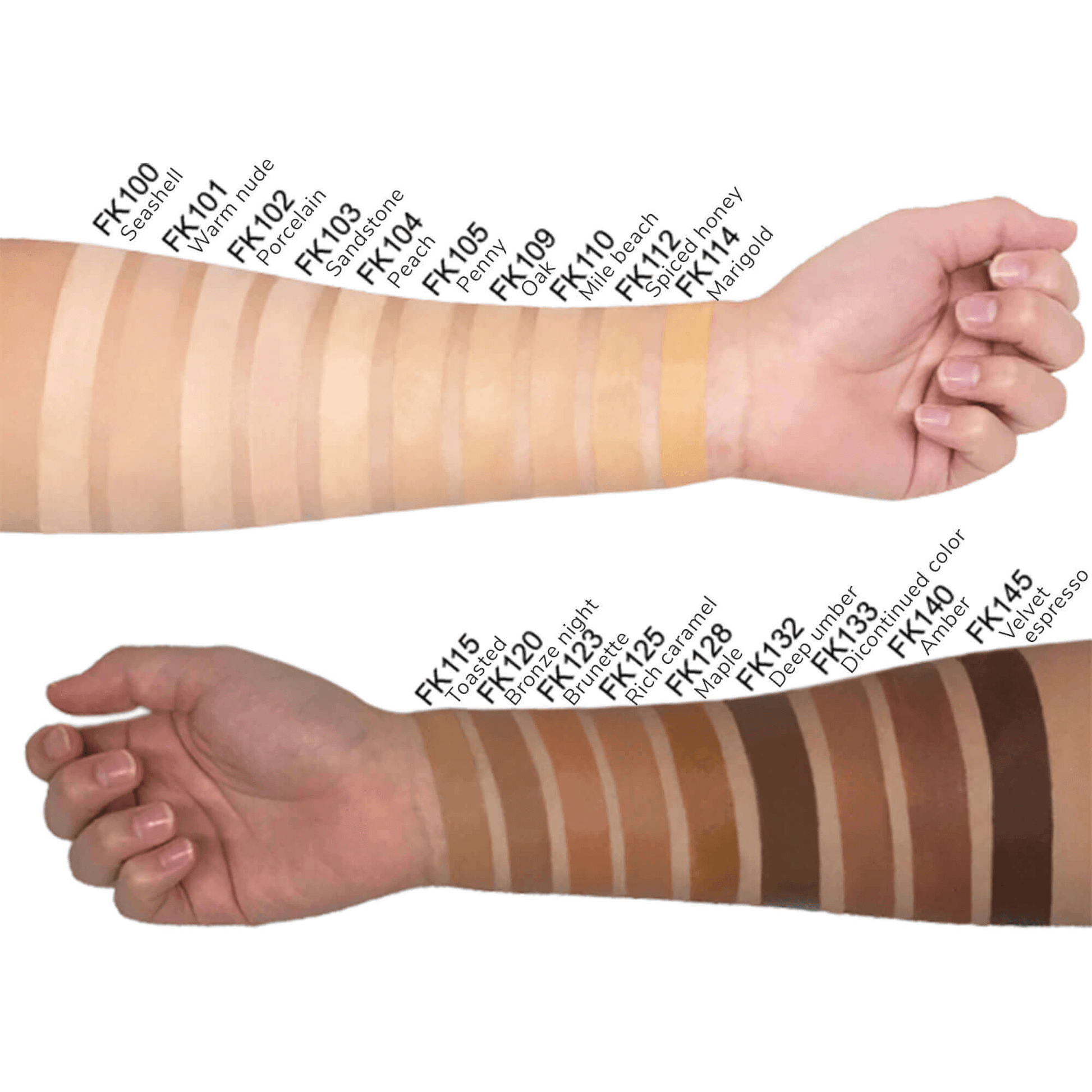 Various MIANIMED Premium skincare shades on two arms ranging from light to dark for diverse skin tones.