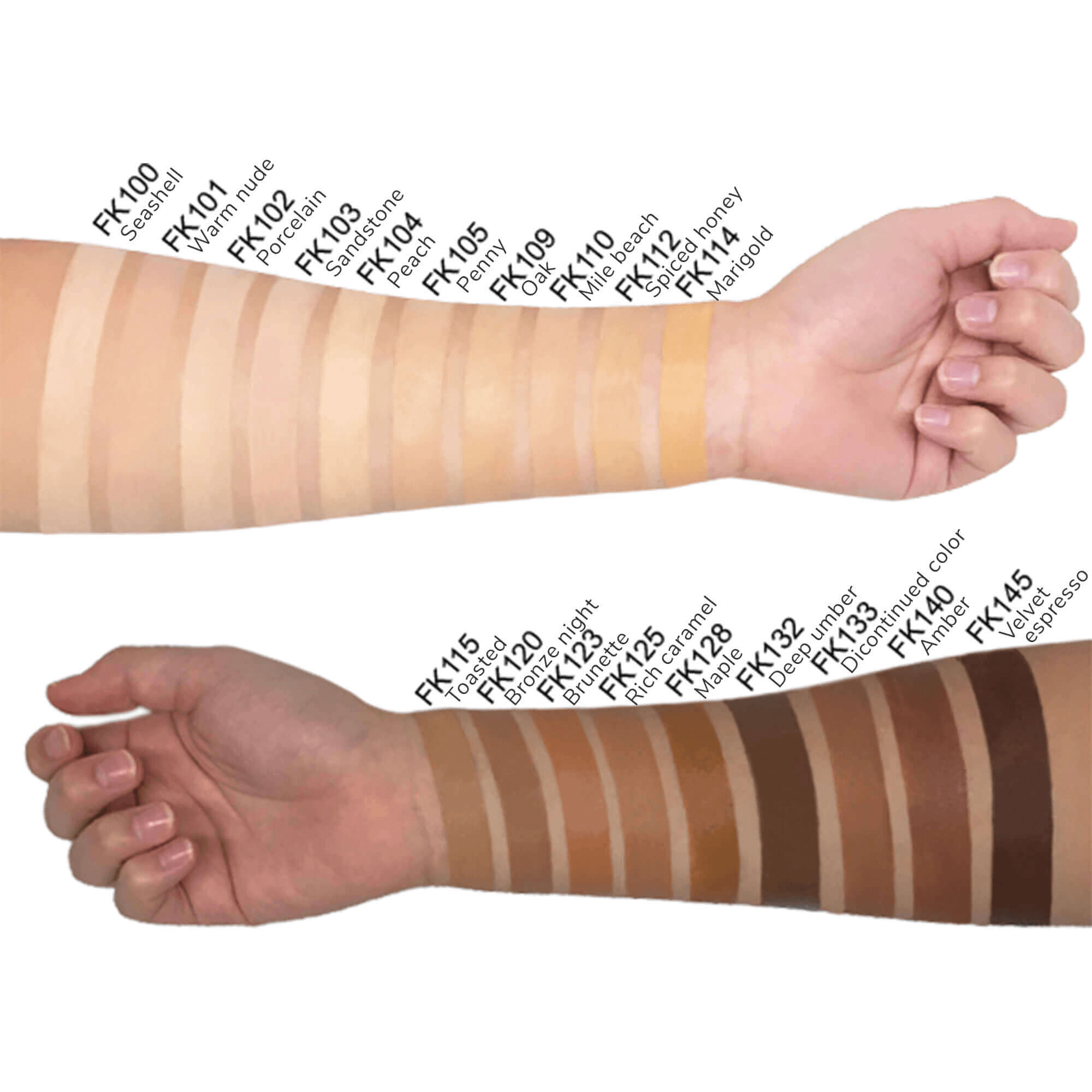 Swatches of MIANIMED Premium skincare foundation shades on two arms showing a range of skin tones from light to dark.