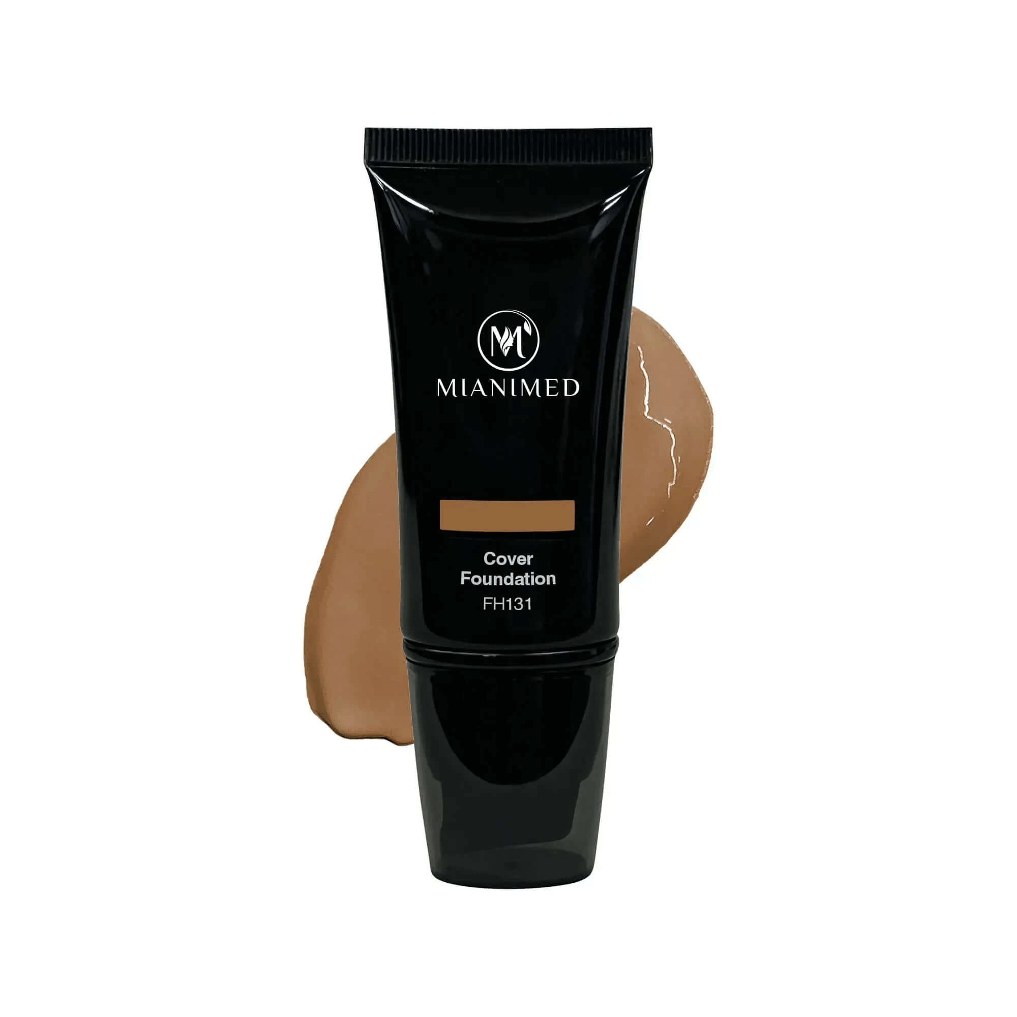 MIANIMED premium skincare cover foundation FH131 tube with brown foundation smear in background