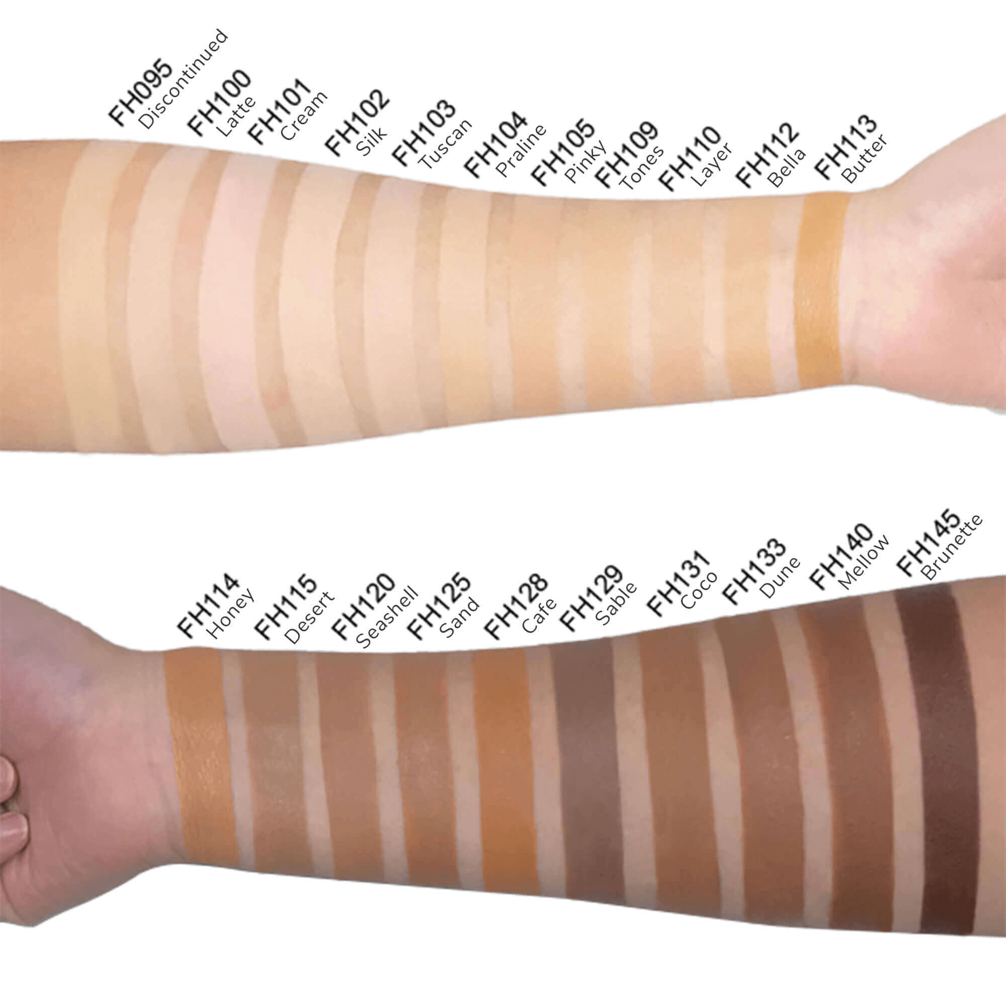 Swatches of MIANIMED Premium skincare foundation shades displayed on two arms.