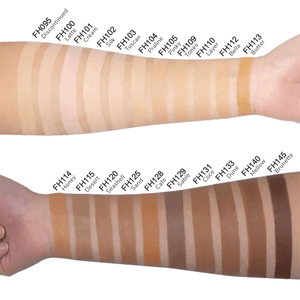 Diverse skin tone swatches of premium MIANIMED skincare products displayed on two arms.