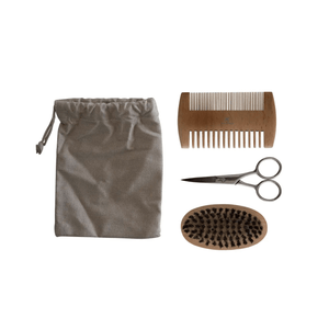 MIANIMED premium grooming kit with wooden comb, scissors, brush, and storage pouch.