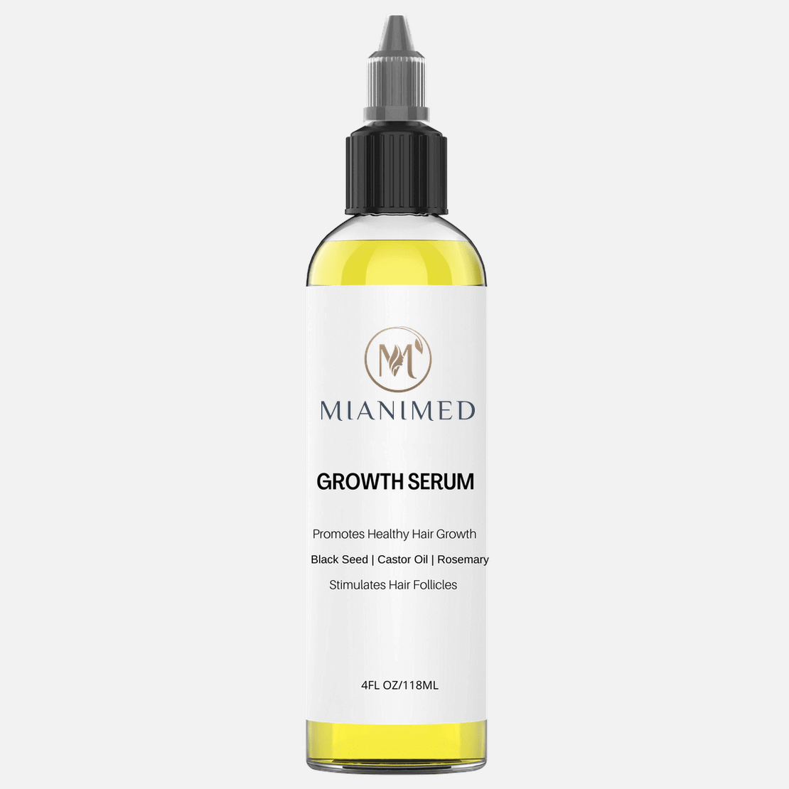 MIANIMED premium growth serum for healthy hair growth, featuring black seed, castor oil, and rosemary. 4FL OZ/118ML.