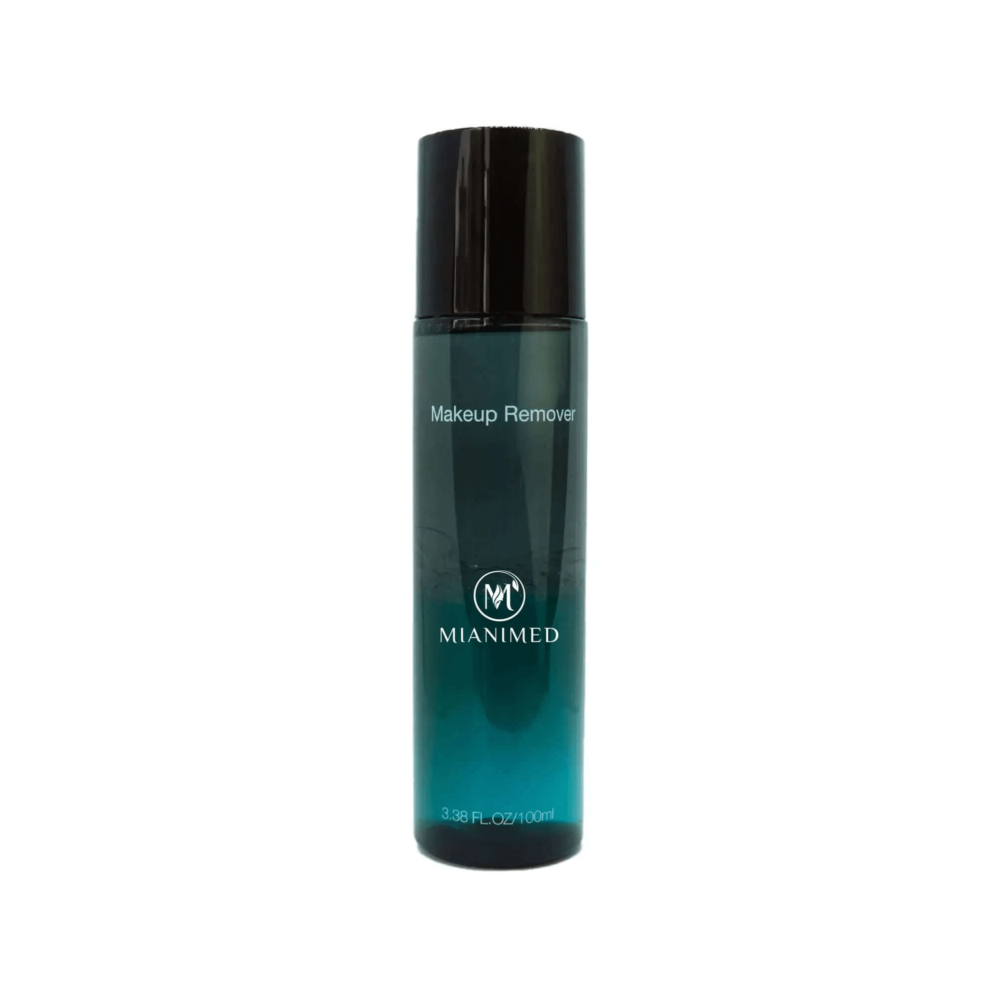 MIANIMED Premium skincare makeup remover bottle, 3.38 FL OZ (100ml), black and teal packaging.