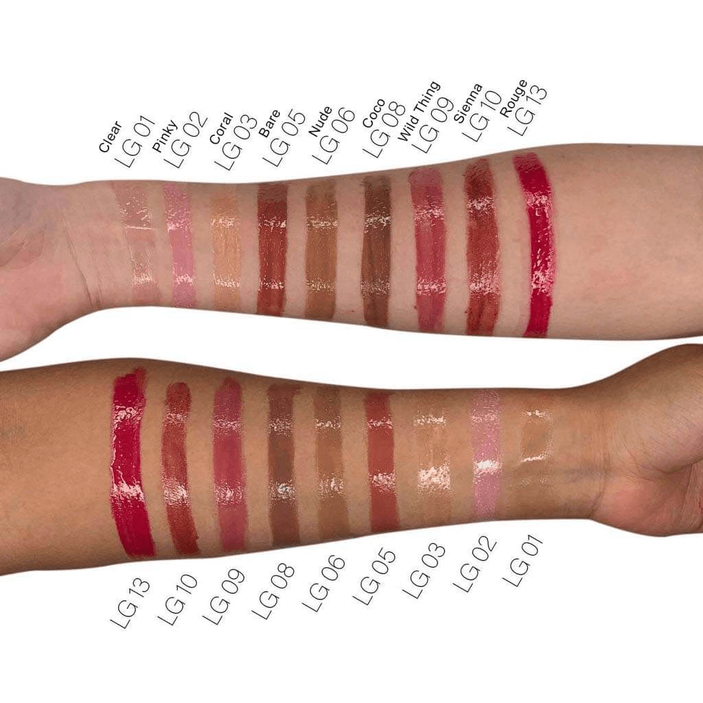 Swatches of MIANIMED premium skincare lip gloss in various shades applied on two arms for comparison.