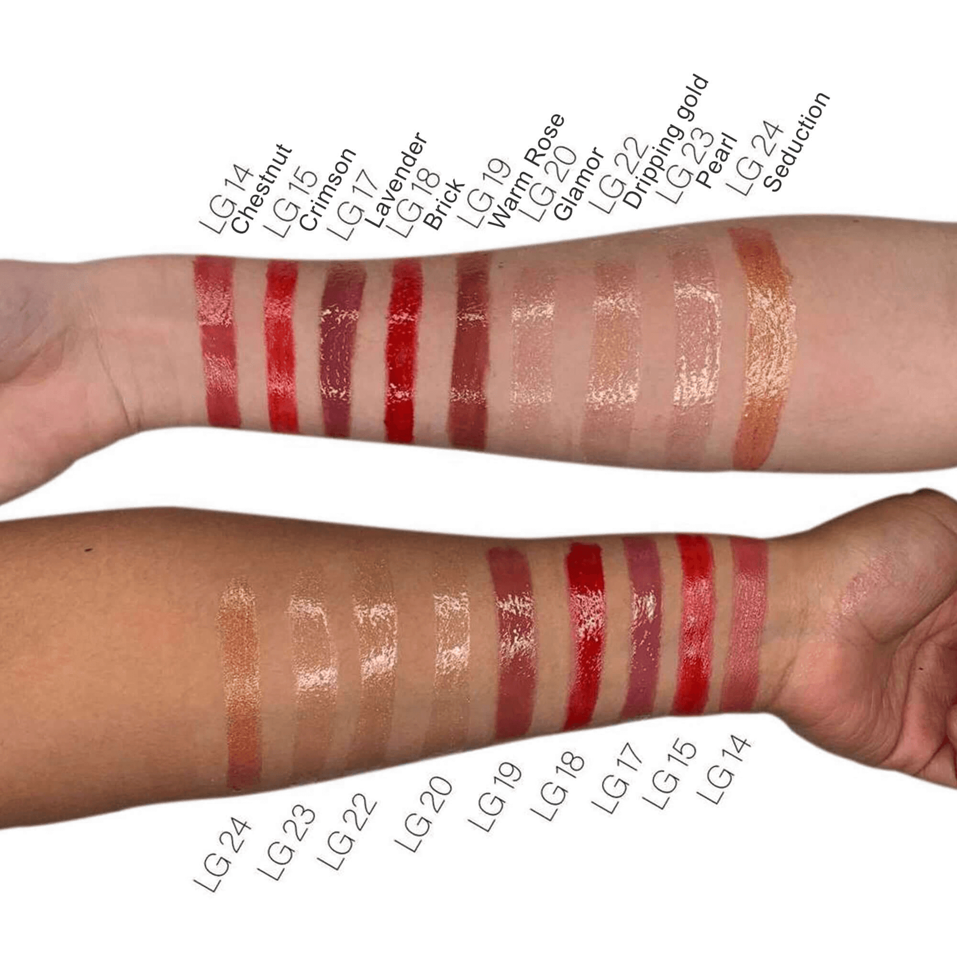 Swatches of MIANIMED premium skincare liquid gloss in various shades displayed on two arms.