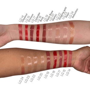 Swatches of MIANIMED premium skincare lip glosses in various shades on two arms, showcasing rich and diverse colors.