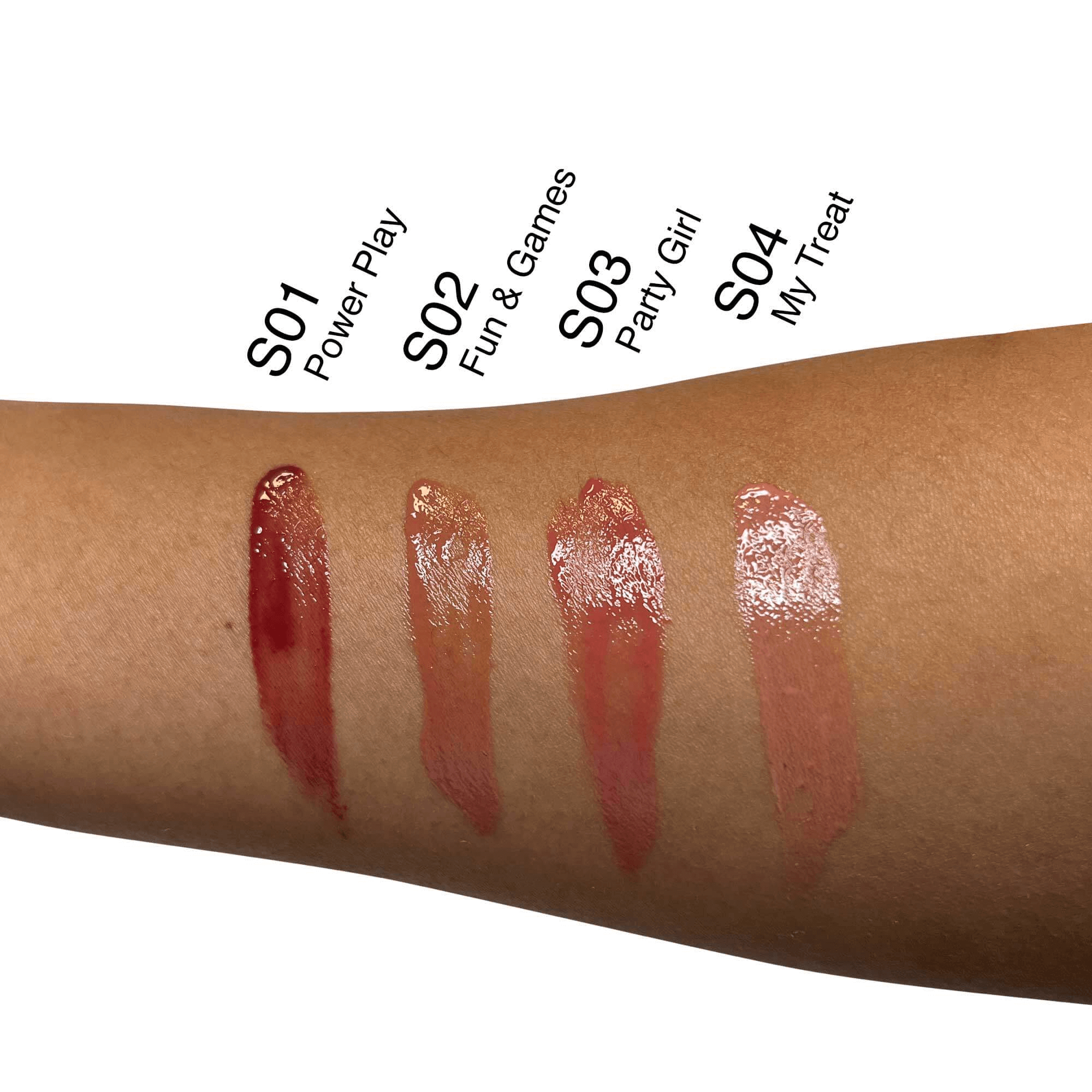 Four shades of lipstick swatches labeled S01, S02, S03, and S04 on an arm. MIANIMED premium skincare.