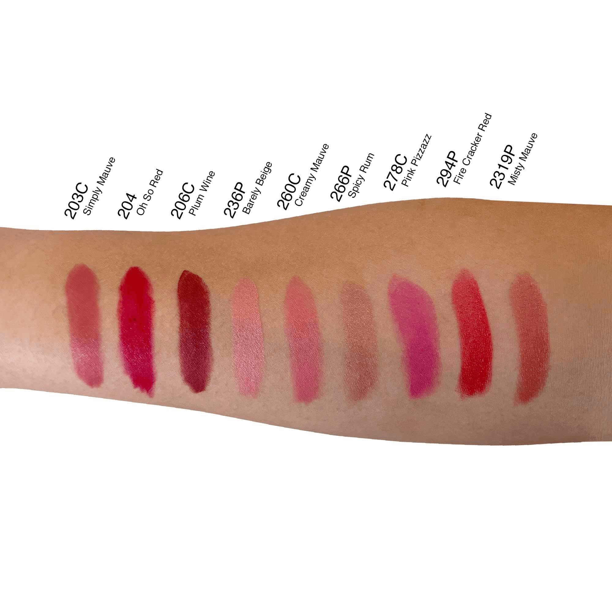 Comparison of nine lipstick shades swatched on an arm, showcasing a variety of colors and finishes.