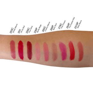 Comparison of nine lipstick shades swatched on an arm, showcasing a variety of colors and finishes.