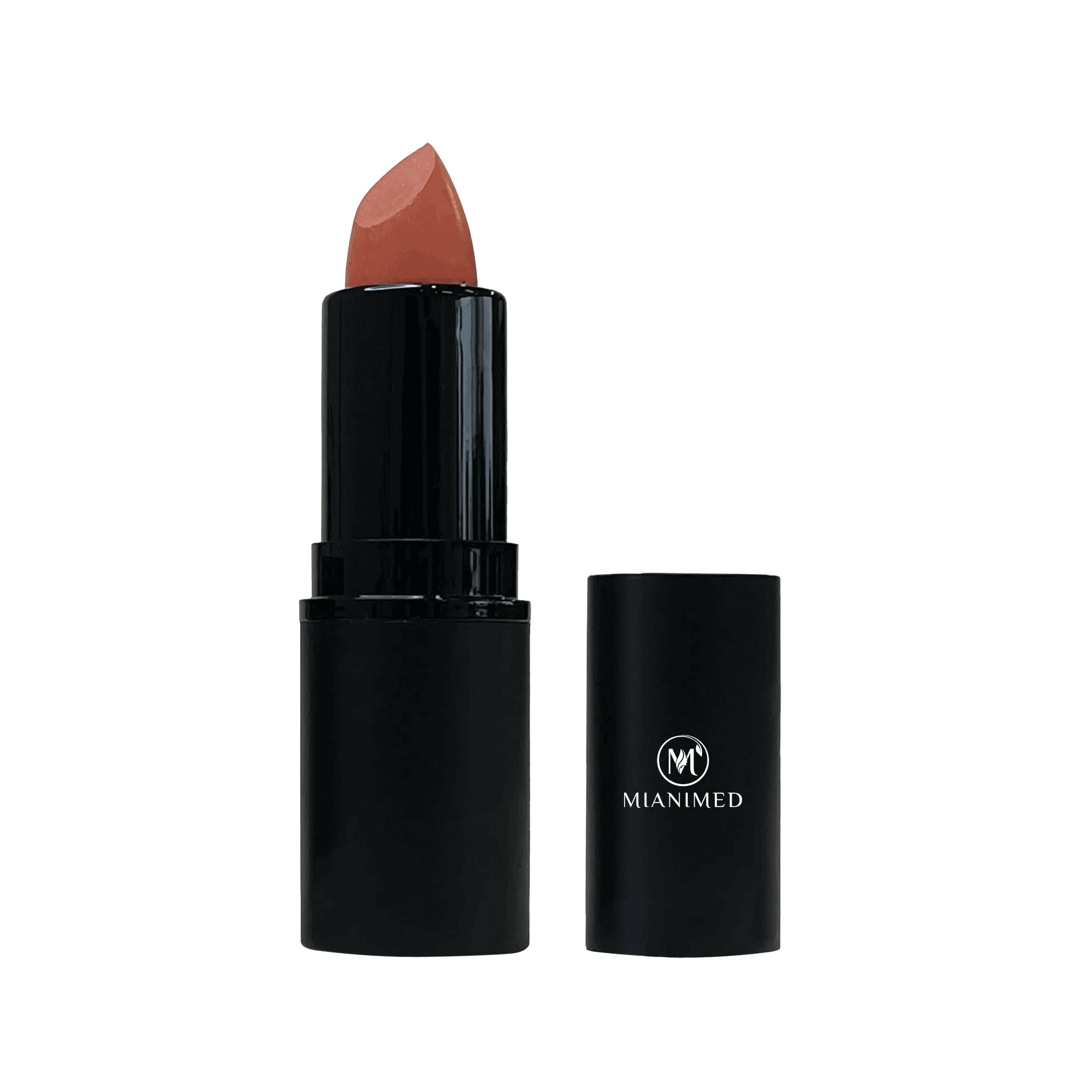 MIANIMED premium skincare lipstick in black casing with the cap removed, showing the lipstick shade.