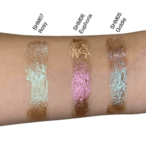 Swatches of MIANIMED premium skincare products in shades SHM07 Rosy, SHM06 Euphoria, and SHM05 Goldie on a forearm.