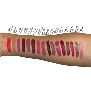 Swatches of MIANIMED premium skincare lip colors displayed on an arm, showcasing a variety of 16 shades from nude to deep reds.