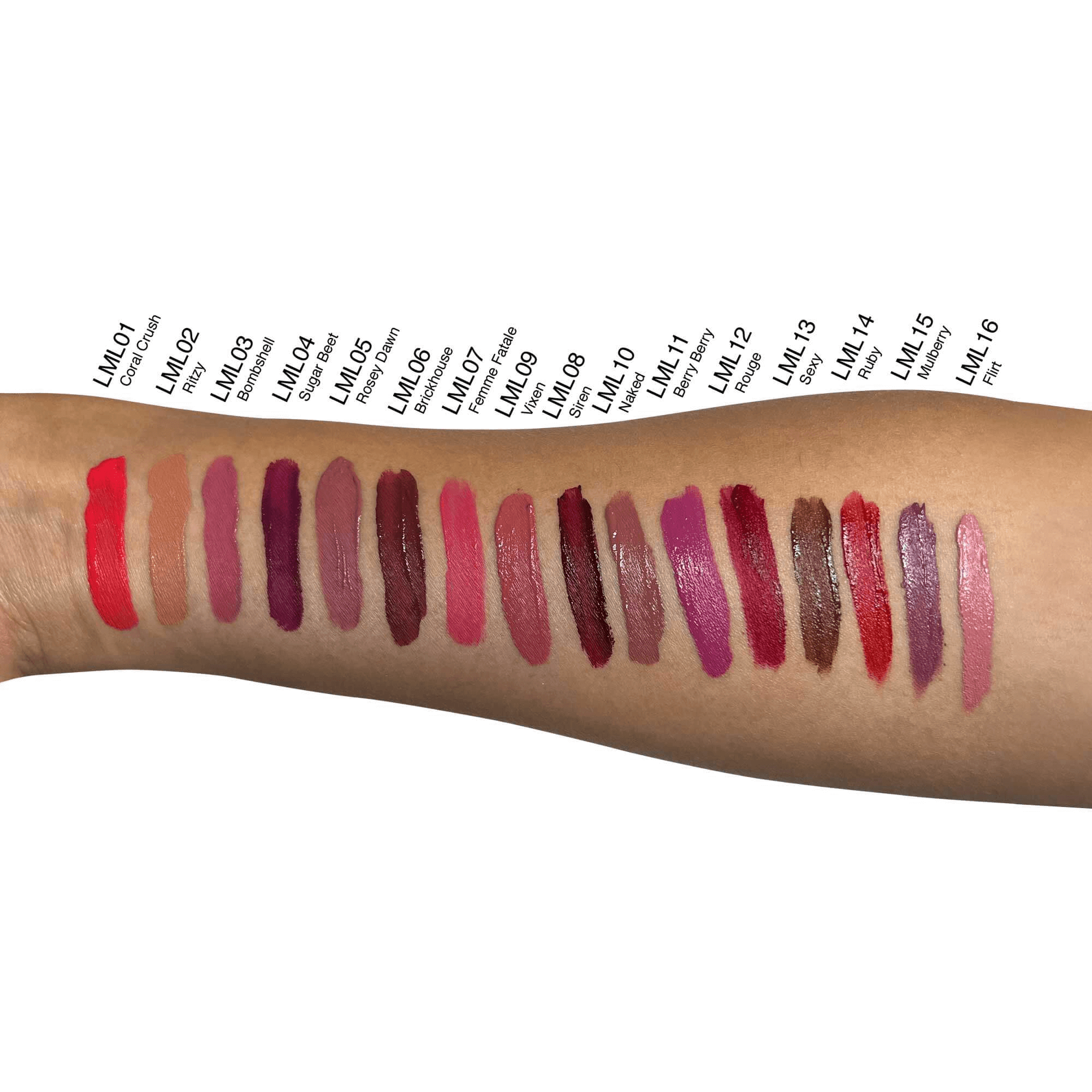 Arm showcasing 16 different shades of MIANIMED premium skincare lip colors, ranging from nude to dark purple and red.