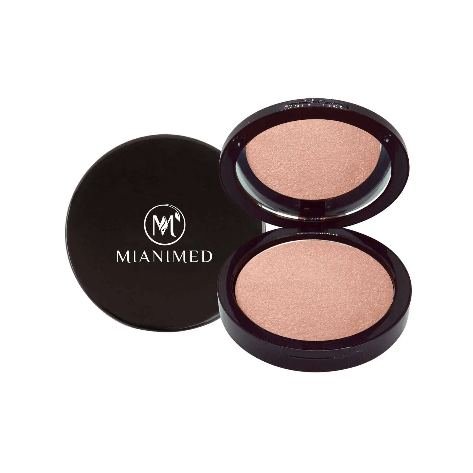 MIANIMED Premium skincare compact powder open showing peach-colored makeup inside black container.