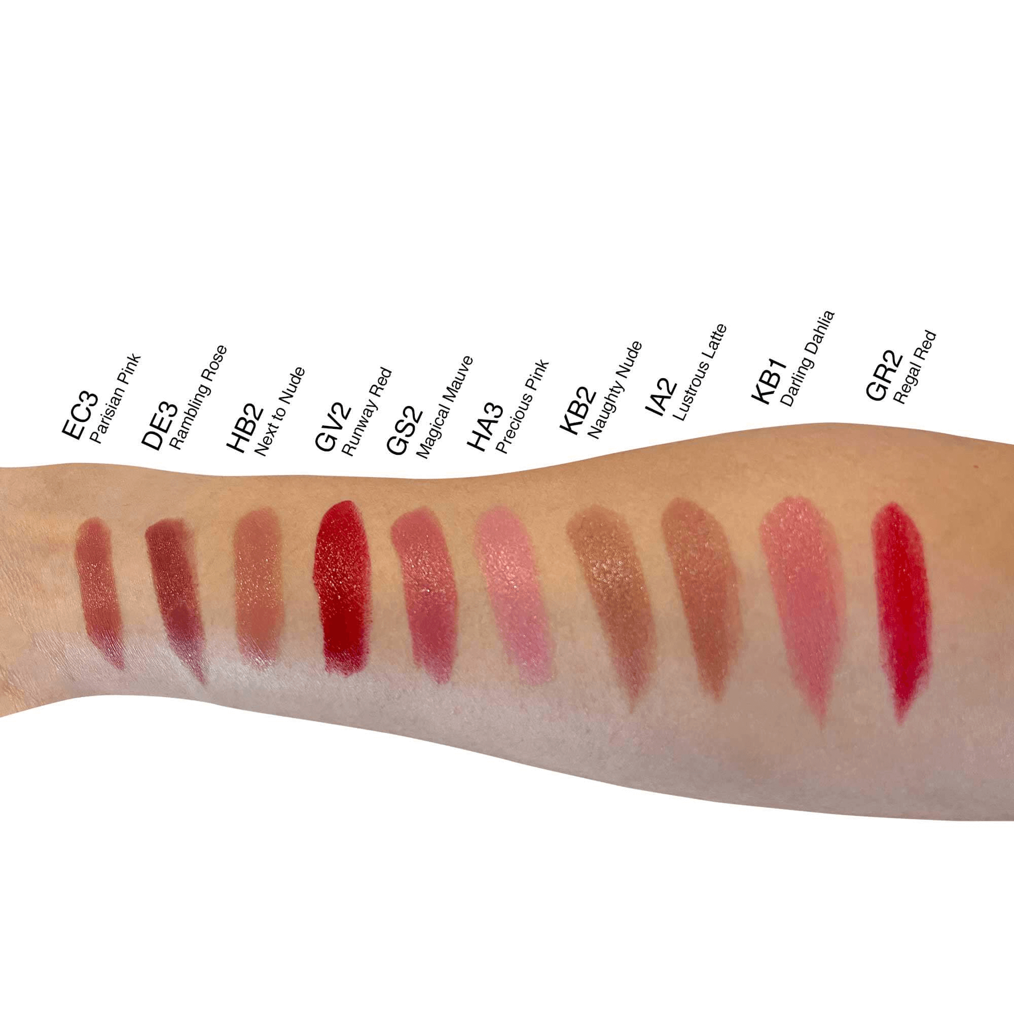 MIANIMED premium skincare lipstick swatches on forearm showing various shades from deep plum to vibrant red.