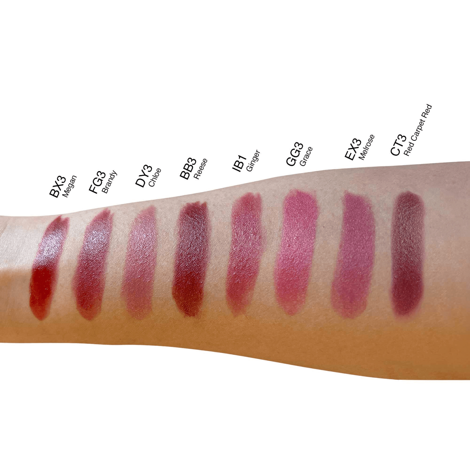 Assorted lipstick swatches on an arm, featuring shades from BX3 Maroon to CT3 Red Carpet Red, displayed for color comparison.