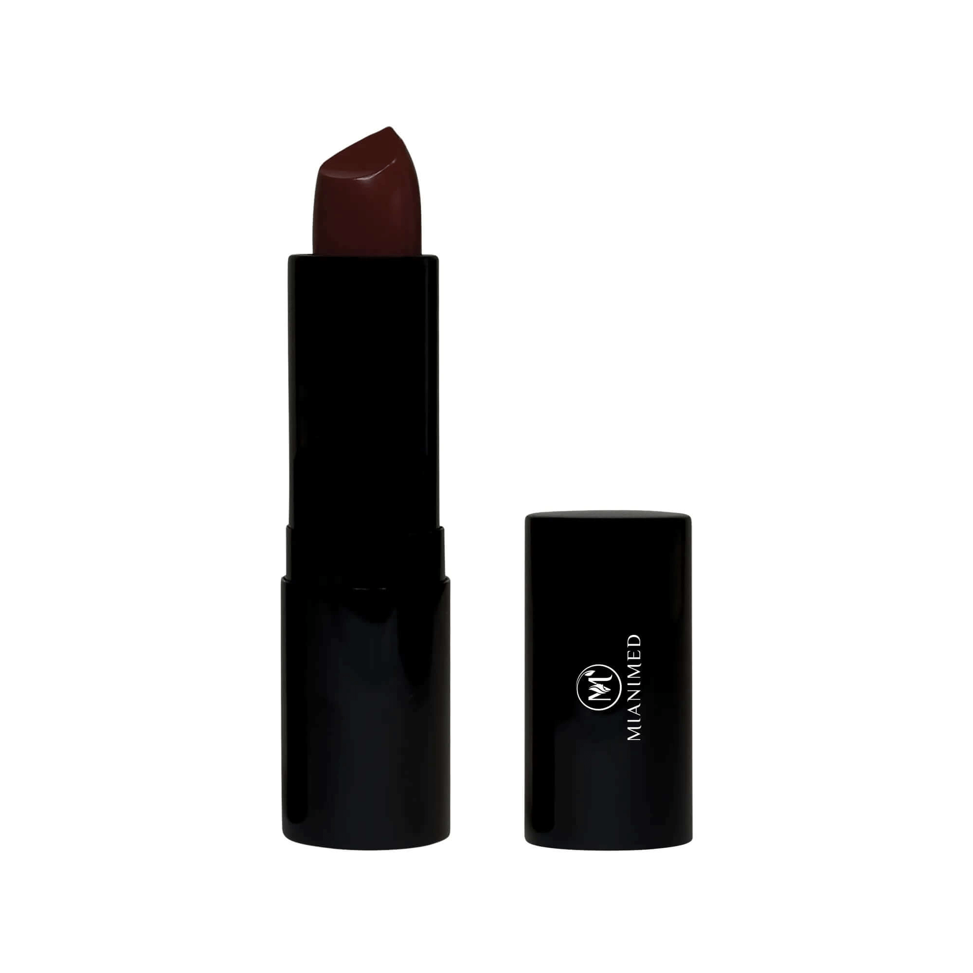 MIANIMED premium skincare lipstick in a sleek black tube with logo, showcasing dark brown shade for sophisticated style and hydration.