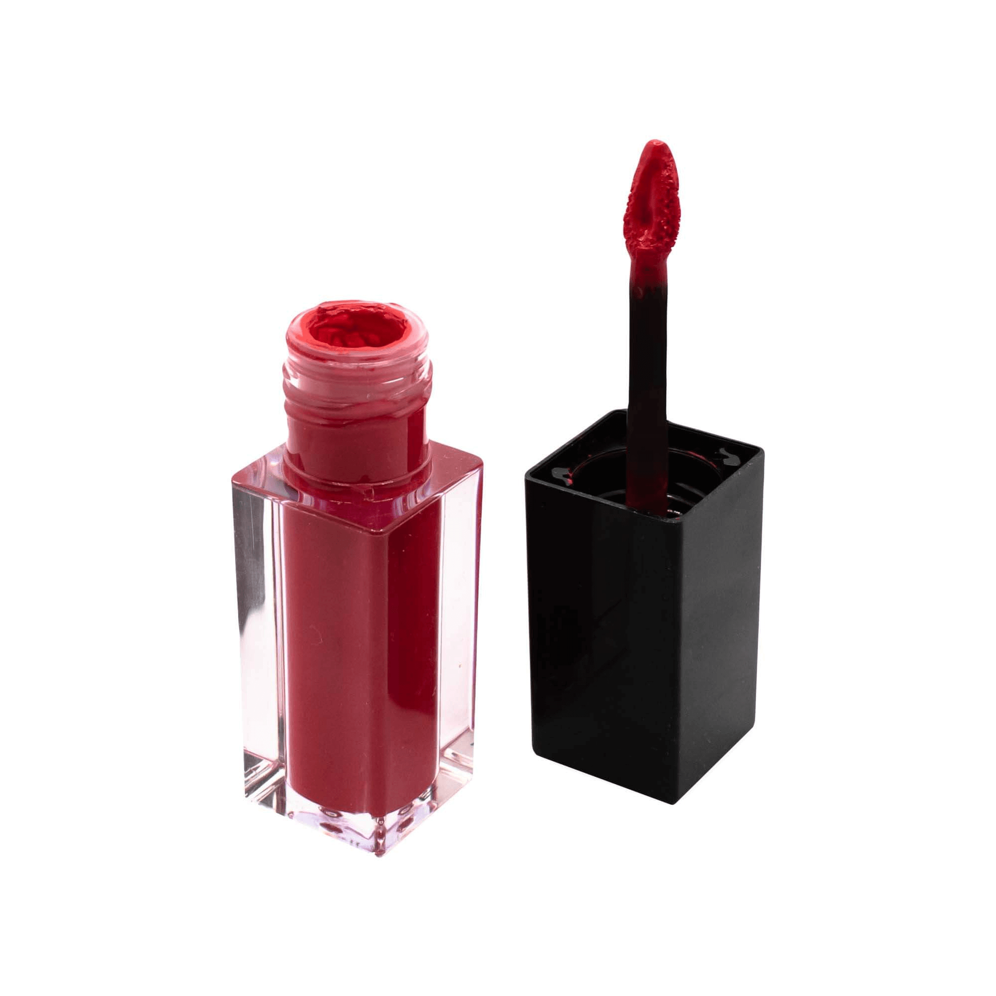 MIANIMED premium red liquid lipstick in clear and black tube, open with applicator wand. Skincare and makeup product.