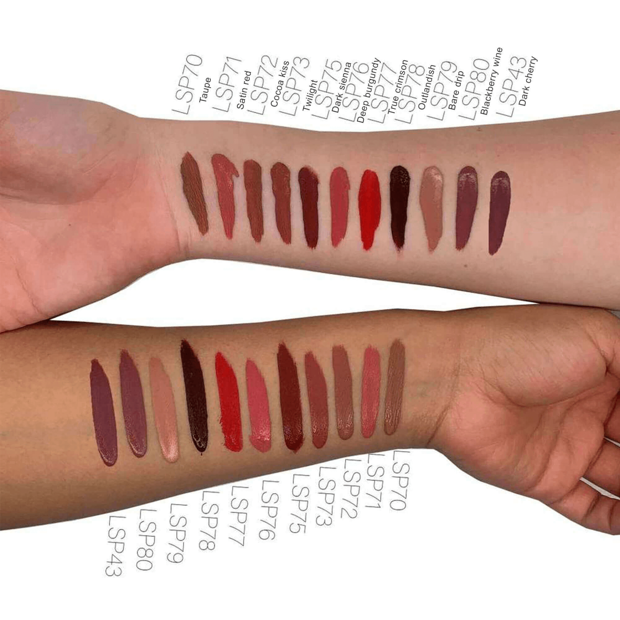 MIANIMED Premium skincare swatches showcasing various lipstick shades on two forearms.