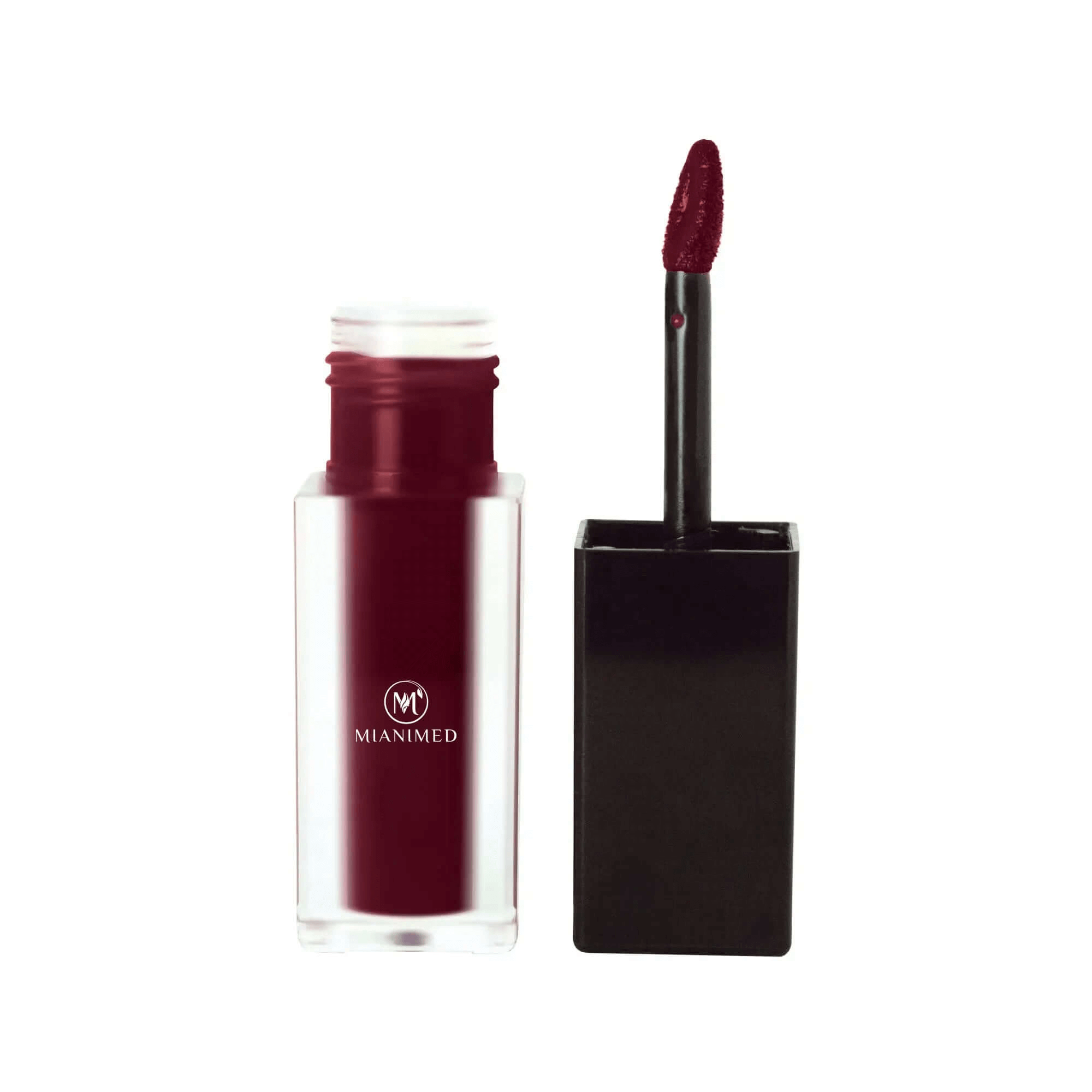 MIANIMED premium skincare lip gloss, dark burgundy shade with an applicator.