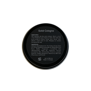 Premium MIANIMED solid cologne tin with application instructions and ingredients listed on the label. Made in Canada.